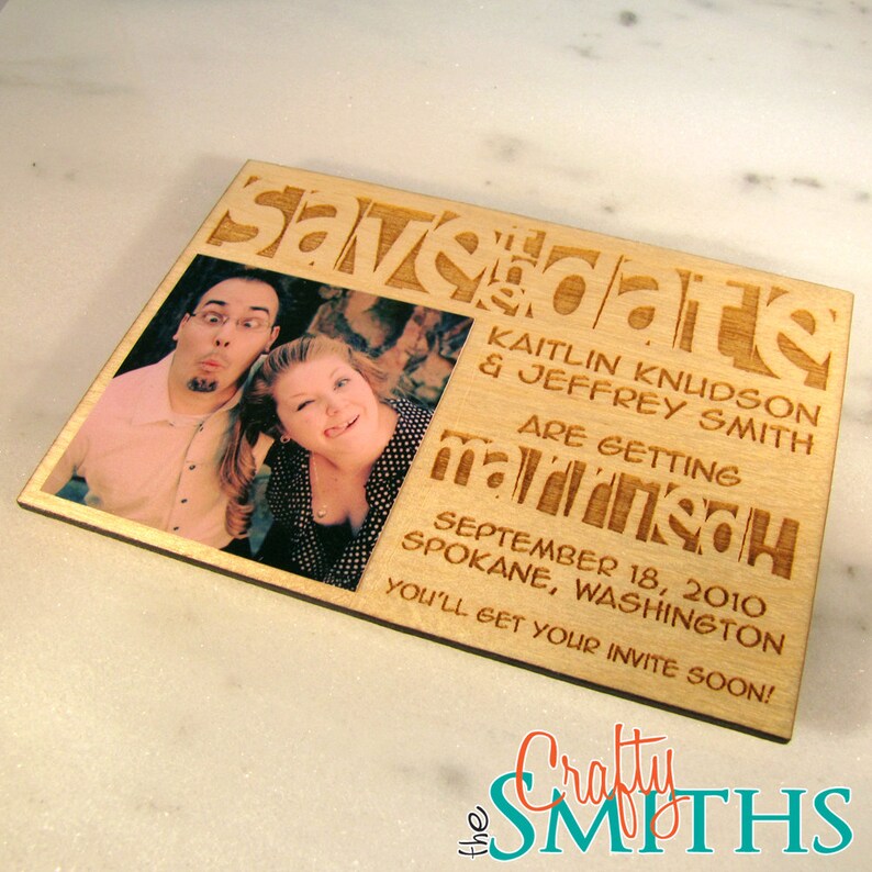 10 Magnetic Personalized Laser-Engraved Wedding Save The Dates on 18 Baltic Birch Plywood