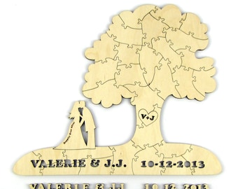 50 Piece Alternative Wedding Guest Book Puzzle - "Tree on Hill" - Laser Cut with Custom Names, Initials in Heart, and Bridal Silhouette