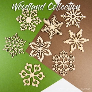 Woodland Collection of 8 Wooden Laser-Cut Holiday Snowflake Ornaments in Gift Box image 2