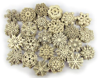 BULK VARIETY - Wooden Laser-Cut Holiday Snowflake Ornaments - 3 to 5 Inch Diameter - 40 Different Designs - Fully Sanded