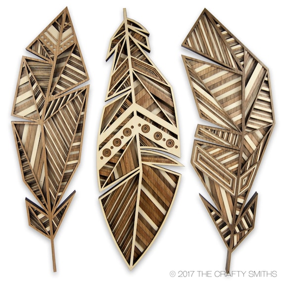 Download Layered 3d Wood Art Three Feathers Golden Etsy