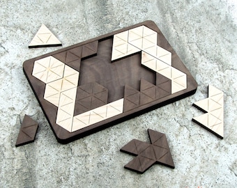 Unique Geometric Wood Puzzle - 14 Pieces Laser Cut from Walnut and Maple - Very Hard