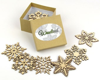 Woodland Collection of 8 Wooden Laser-Cut Holiday Snowflake Ornaments in Gift Box