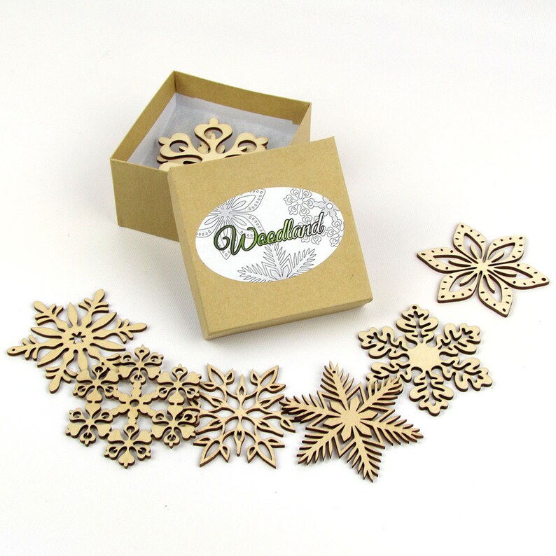Woodland Collection of 8 Wooden Laser-Cut Holiday Snowflake Ornaments in Gift Box image 1