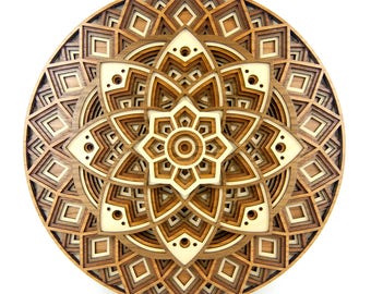 Layered 3D Wood Art - "Lotus Mandala" - Version D - Unique Laser Cut Wall Artwork