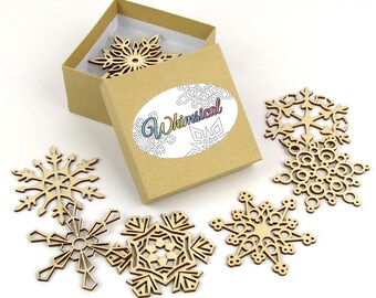Whimsical Collection of 8 Wooden Laser-Cut Holiday Snowflake Ornaments in Gift Box