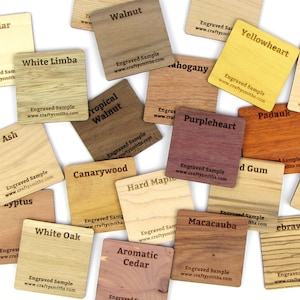Wood Sample Chips | unfinished domestic and exotic hardwood samples - laser engraved to show burn coloring