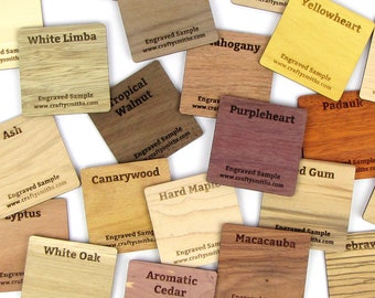 Wood Sample Chips | unfinished domestic and exotic hardwood samples - laser engraved to show burn coloring