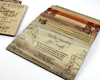 Solid Wood Wedding Invitation Sample - Custom Design Engraved on a Variety of Wood Species