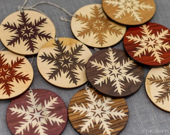 Inlaid Wood Snowflakes | Set of 2 in box | 3.5 inch marquetry inlay christmas tree ornament holiday decoration in multiple woods