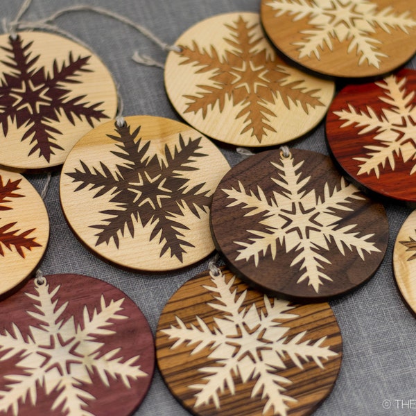 Inlaid Wood Snowflakes | Set of 2 in box | 3.5 inch marquetry inlay christmas tree ornament holiday decoration in multiple woods