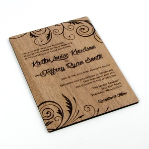 Solid Wood Wedding Invitation Sample - &quot;Embellished Vines&quot; Design Engraved on a Variety of Wood Species