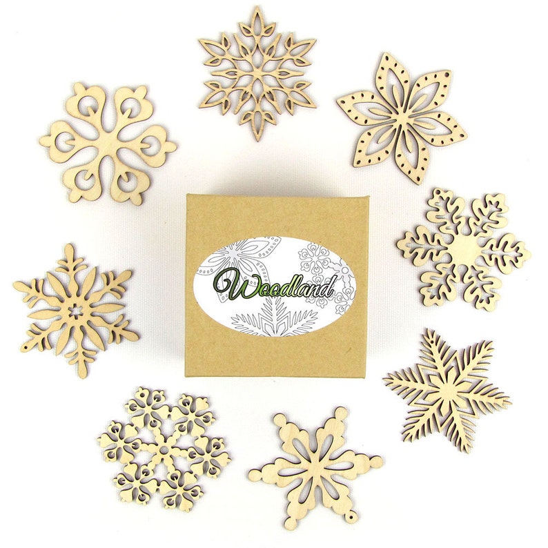 Woodland Collection of 8 Wooden Laser-Cut Holiday Snowflake Ornaments in Gift Box image 3