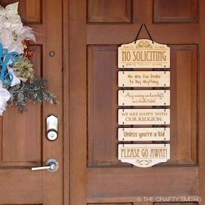 No Soliciting Signs | Personalize your own funny laser-engraved wood door hanging
