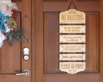 No Soliciting Signs | Personalize your own funny laser-engraved wood door hanging