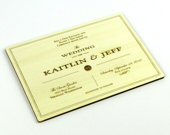 Solid Wood Wedding Invitation Sample - "Understated Traditional" Design Engraved on a Variety of Wood Species