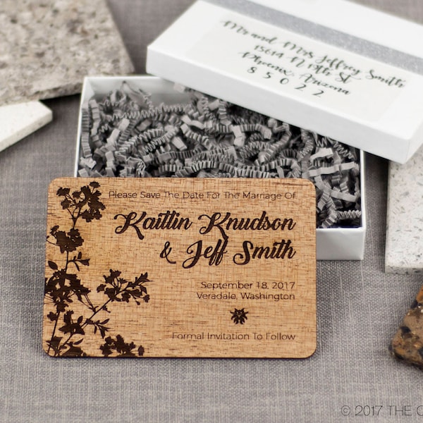 Solid Wood Wedding Save-the-Date Sample Set - "Modern Blossom" Design Engraved on Mahogany- Plus Credit Towards Final Order