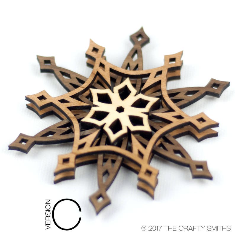 STARLIGHT 3D Layered Wood Snowflake 4 inch christmas ornament holiday decoration to hang on your tree Version C