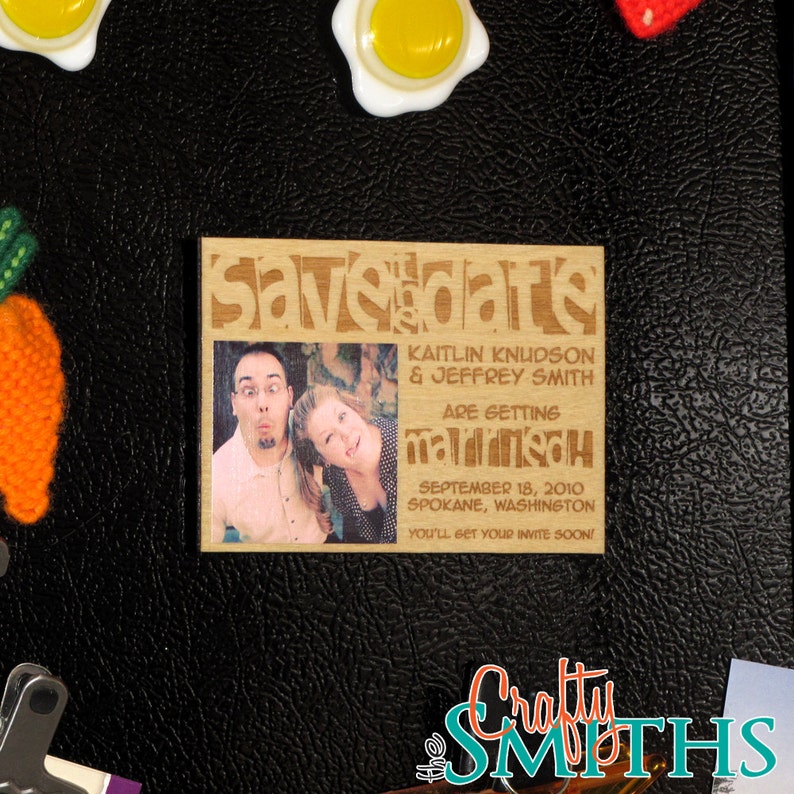 10 Magnetic Personalized Laser-Engraved Wedding Save The Dates on 18 Baltic Birch Plywood