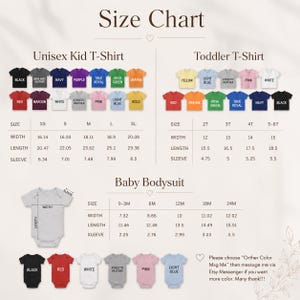 Puede incluir: Una tabla de tallas para camisetas unisex para ni&ntilde;os, camisetas para ni&ntilde;os peque&ntilde;os y bodies para beb&eacute;s. La tabla incluye medidas de ancho, largo y largo de manga en cm. Se muestran varios colores de camisetas, incluyendo negro, rojo y blanco.