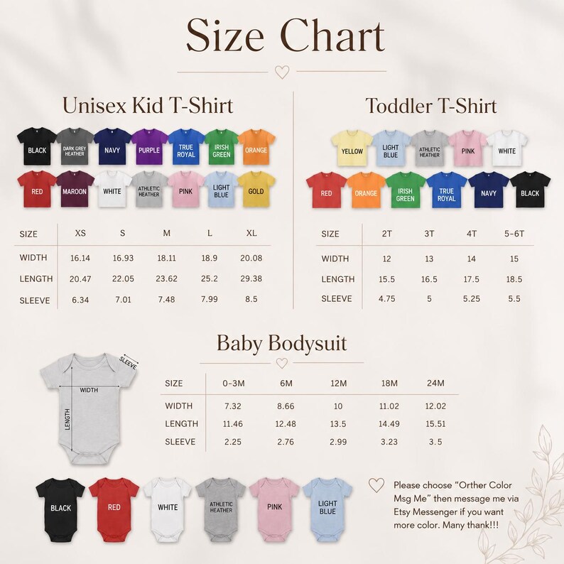 Puede incluir: Una tabla de tallas para camisetas unisex para ni&ntilde;os, camisetas para ni&ntilde;os peque&ntilde;os y bodies para beb&eacute;s. La tabla incluye medidas de ancho, largo y largo de manga en cm. Se muestran varios colores de camisetas, incluyendo negro, rojo y blanco.