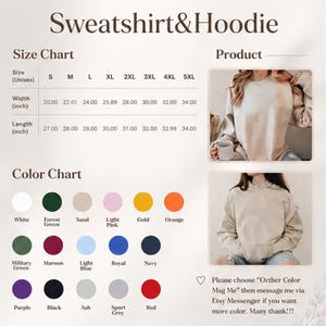 Puede incluir: Imagen de una tabla de tallas y colores para sudaderas y sudaderas con capucha. La tabla de tallas incluye medidas de ancho y largo en pulgadas. La tabla de colores muestra varios colores, incluyendo blanco, verde, rosa, dorado y naranja. El texto dice: "Por favor, elige 'Orther Color Msg Me' y luego env&iacute;ame un mensaje a trav&eacute;s de Etsy Messenger si quieres m&aacute;s color. &iexcl;Muchas gracias!!!"