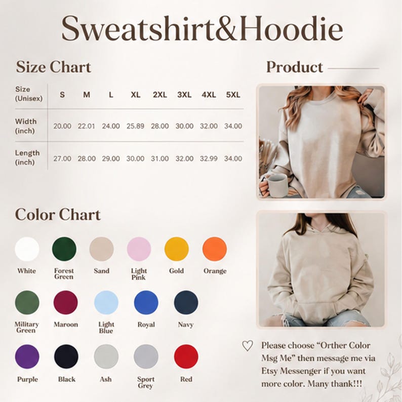 Puede incluir: Imagen de una tabla de tallas y colores para sudaderas y sudaderas con capucha. La tabla de tallas incluye medidas de ancho y largo en pulgadas. La tabla de colores muestra varios colores, incluyendo blanco, verde, rosa, dorado y naranja. El texto dice: "Por favor, elige 'Orther Color Msg Me' y luego env&iacute;ame un mensaje a trav&eacute;s de Etsy Messenger si quieres m&aacute;s color. &iexcl;Muchas gracias!!!"