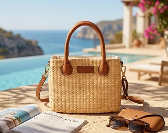 Bolso tejido a mano con hojas de junco, hecho a mano en Vietnam, bolso tote tejido natural con correa de cuero, bolso de playa bohemio de verano.