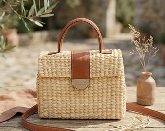 Bolso tejido a mano con forma de hoja de espadaña, hecho a mano en Vietnam, bolso de mano tejido con correa de cuero, bolso de playa bohemio ecológico para el verano.