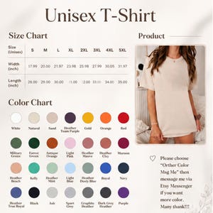 Puede incluir: Se muestra una camiseta unisex beige, con una tabla de tallas que detalla anchos de 45,69 cm a 81,10 cm y largos de 71,12 cm a 88,90 cm. Una carta de colores presenta opciones como blanco, natural y rojo. El texto "Unisex T-Shirt" est&aacute; en la parte superior.