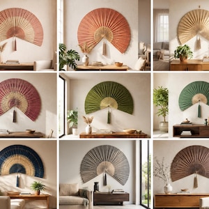 Large Bamboo Wall Fan Decor with Tassel | Handmade Folding Fan Wall Hanging | Boho Japandi Living Room & Bedroom Wall Art