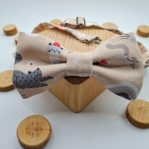 Peut inclure: Un nœud papillon beige orné d'un motif répétitif de chats gris et blancs, de petites fleurs rouges et d'étoiles blanches. Le nœud papillon possède un nœud central en tissu et une sangle réglable avec une boucle coulissante en métal.