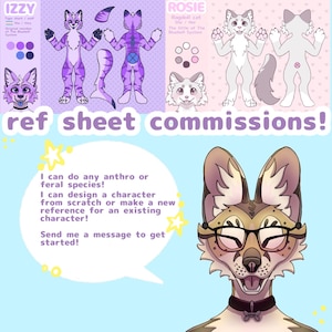 Könnte beinhalten: Werbung für digitale Kunst-Aufträge mit Charakter-Referenzbögen, darunter ein lila und ein weißes Design. Der Text "ref sheet commissions!" ist prominent. Ein Cartoon-Hund mit Brille ist ebenfalls abgebildet.