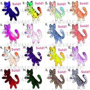 May include: A grid of sixteen digital illustrations of stylized cats in various colors and patterns, numbered one through sixteen. Several images are marked with the text Sold in pink. The cats feature distinct color palettes including blue, green, pink, orange, and spotted designs, all displayed against a white background with the watermark SERVALCAT.