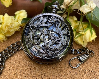 Vintage mechanisch zakhorloge met drakengravure voor bruidsjonkers, SteamPunk-skelethorloges