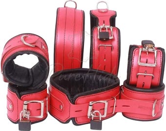Ensemble de menottes en cuir faites main – Ensemble de 7 pièces de retenue réglable | Poignets, chevilles, cuisses et col rembourrés doux avec conception verrouillable