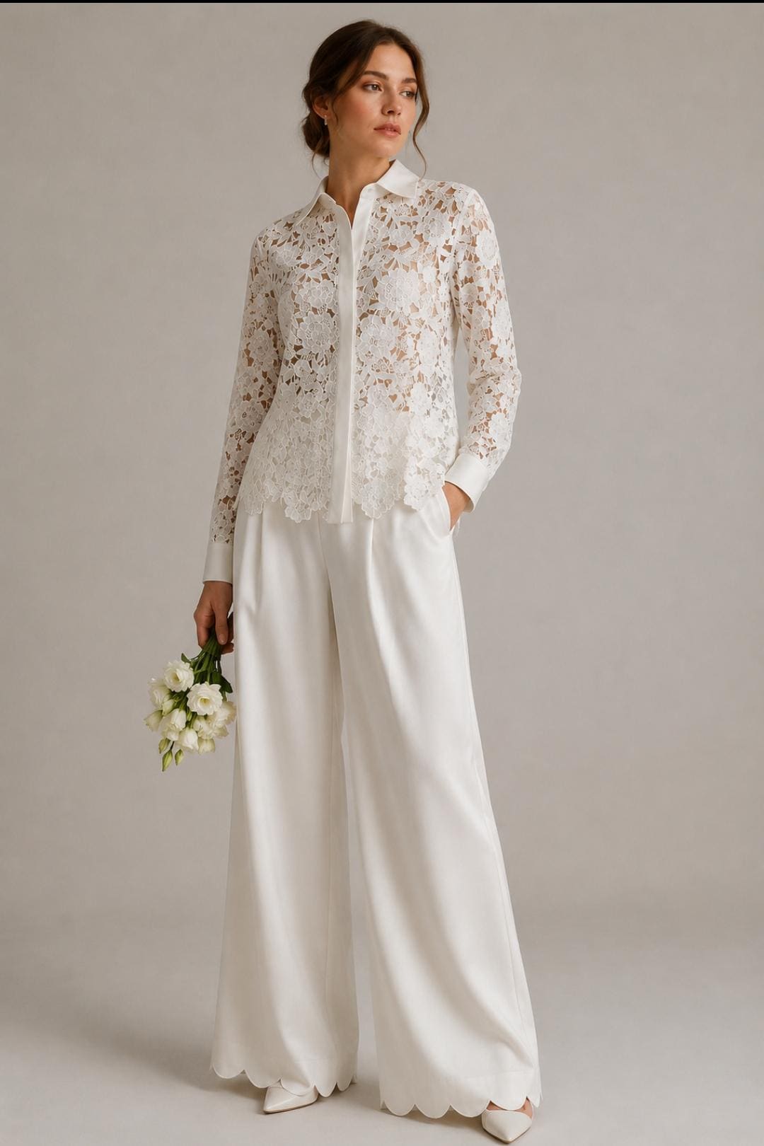 Ivory Lace Bridal Blouse Floral Wedding Shirt, Covered Buttons, Modern Bride Top