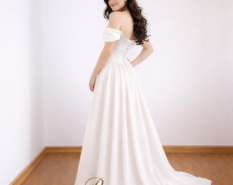 Schulterfreies Brautkleid, A-Linie Brautkleid, Korsett-Rücken-Kleid, Minimalistisches Brautkleid, Benutzerdefinierte Größe