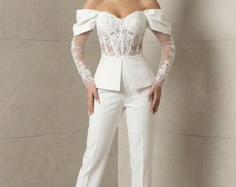 Ivory Lace Corset Pantsuit, Off-Shoulder Bridal Wedding Outfit