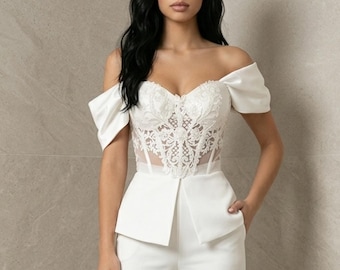 Ivory Lace Corset Pantsuit, Off-Shoulder Bridal Wedding Outfit