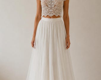 Top da sposa in pizzo avorio, blusa da matrimonio boho, maniche corte, bordi smerlati
