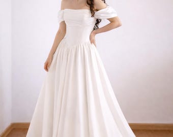 Off Shoulder A-Line Wedding Dress, Corset Back Bridal Gown, Custom Size