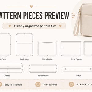 May include: A digital sewing pattern preview featuring a beige wristlet pouch and technical line drawings of pattern pieces including front and back panels, pockets, gussets, and a strap. Text includes PATTERN PIECES PREVIEW and A0, A4, US LETTER.