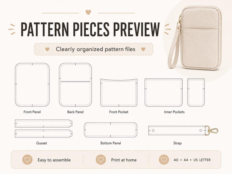 May include: A digital sewing pattern preview featuring a beige wristlet pouch and technical line drawings of pattern pieces including front and back panels, pockets, gussets, and a strap. Text includes PATTERN PIECES PREVIEW and A0, A4, US LETTER.
