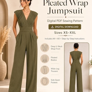 Schnittmuster für einen Jumpsuit (PDF), Faltenrock, tiefer V-Ausschnitt, weites Bein, Damengrößen XS–XXL