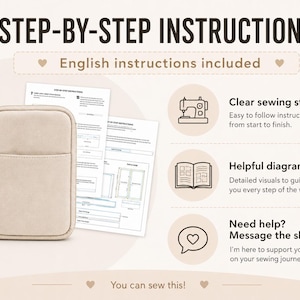 May include: A beige zippered pouch with a wrist strap, accompanied by printed sewing instruction sheets. The graphic includes text reading STEP-BY-STEP INSTRUCTIONS, English instructions included, Clear sewing steps, Helpful diagrams, Need help? Message the shop, and You can sew this!