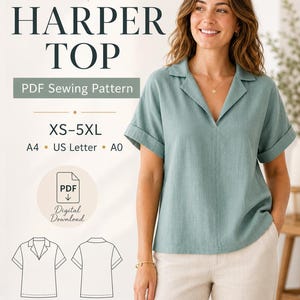 Pode incluir: Uma blusa de manga curta verde sálvia com gola de lapela e mangas com bainha. A imagem inclui o texto HARPER TOP, PDF Sewing Pattern, XS-5XL, A4, US Letter, A0, Digital Download, juntamente com um desenho linear da peça de vestuário.