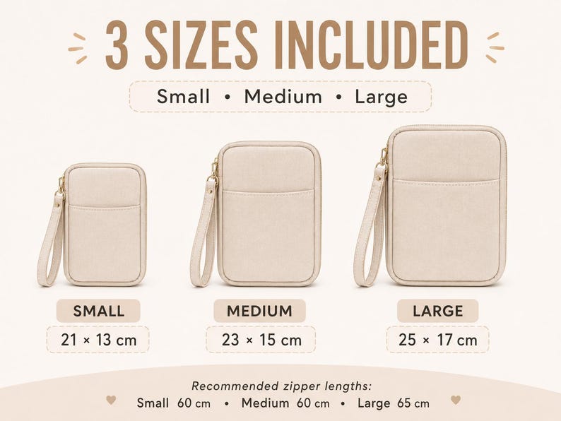 May include: Three beige rectangular zippered pouches with wrist straps in small, medium, and large sizes. Text reads 3 SIZES INCLUDED, Small 21 x 13 inches, Medium 23 x 15 inches, Large 25 x 17 inches, and Recommended zipper lengths 60 cm, 65 cm.