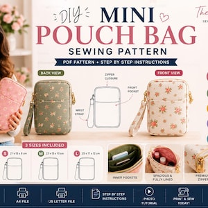 Könnte beinhalten: Ein DIY-Schnittmuster für eine Mini-Tasche in drei Größen: klein 21x13 cm, mittel 23x15 cm und groß 25x17 cm. Das Set enthält ein PDF, eine Schritt-für-Schritt-Anleitung und Fotos von geblümten Taschen mit Handschlaufen, Fronttaschen und Reißverschlüssen.