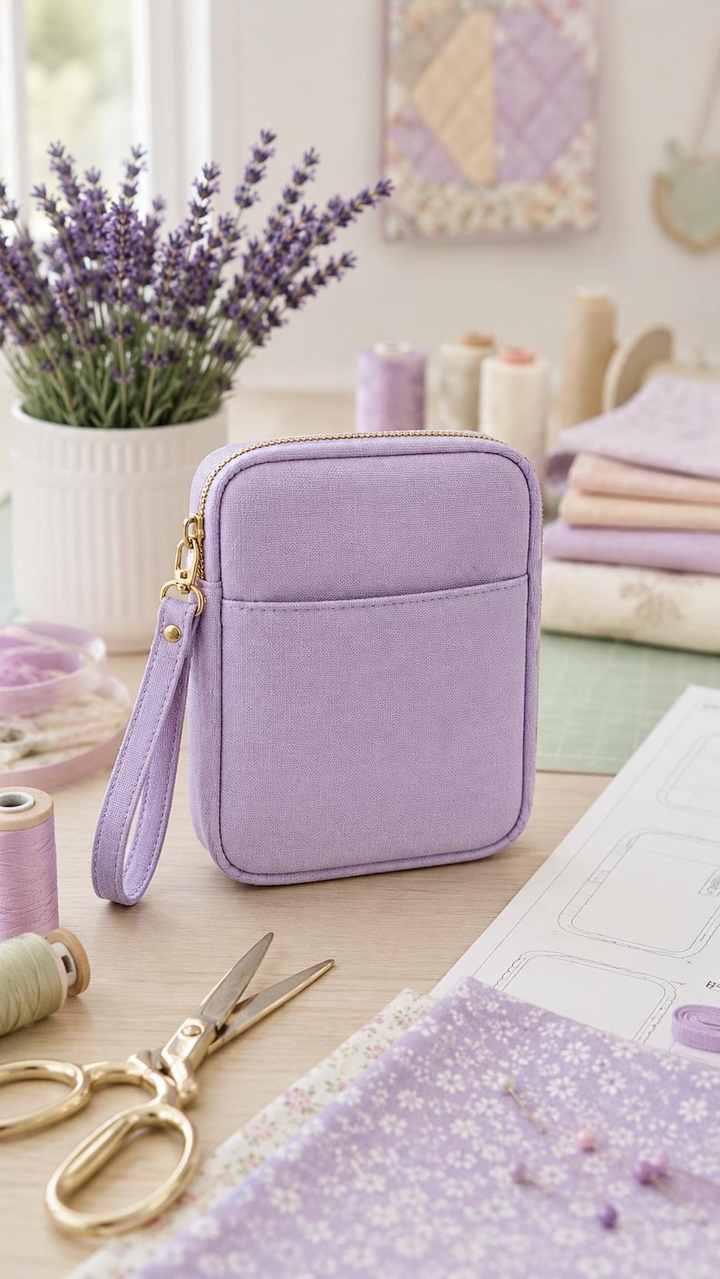 May include: A rectangular lavender fabric pouch featuring a gold-toned zipper closure and a matching wrist strap. The pouch has a simple, structured design with a front slip pocket and a smooth, solid-colored exterior finish.